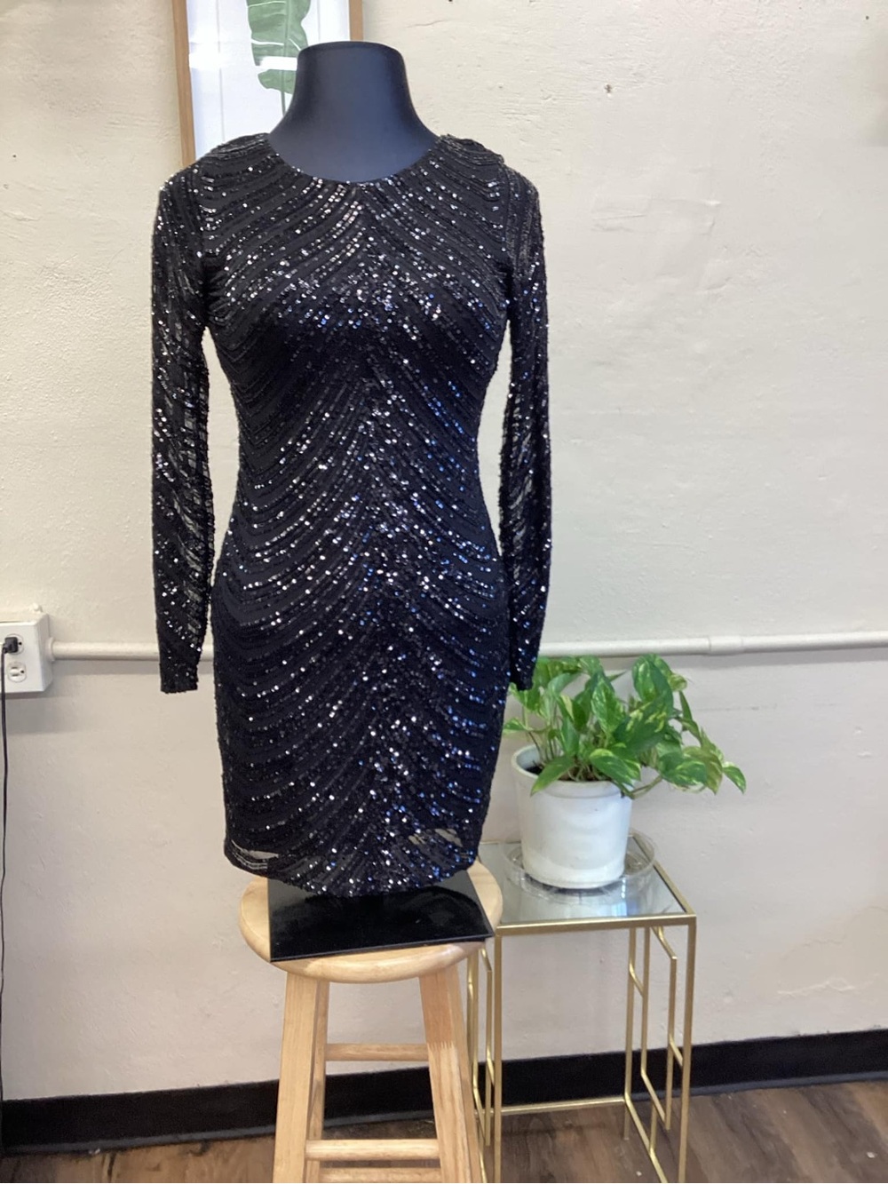 Black Sequin Long-Sleeve Cocktail Dress